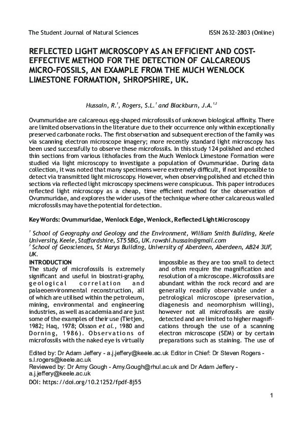 Reflected Light Microscopy as an Efficient and Costeffective Method for the Detection Of Calcareous Micro-fossils, An Example from the Much Wenlock Limestone Formation, Shropshire, UK Thumbnail