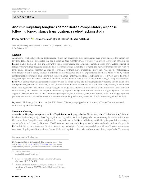 Anosmic migrating songbirds demonstrate a compensatory response following long-distance translocation: a radio-tracking study Thumbnail