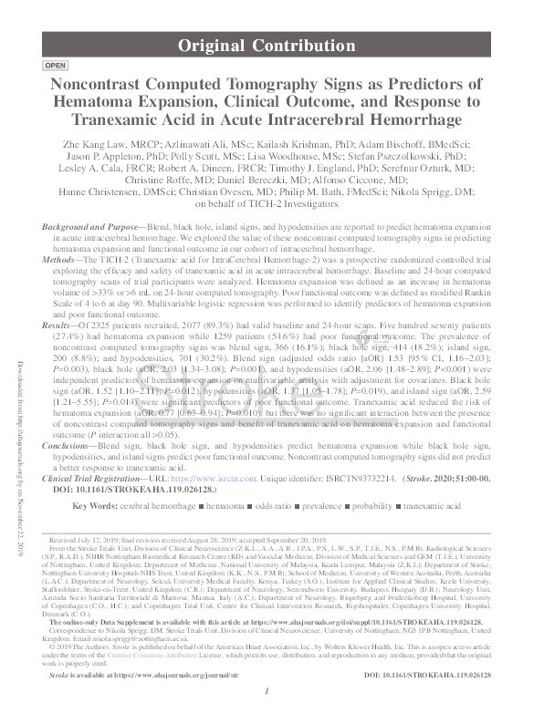 Noncontrast Computed Tomography Signs as Predictors of Hematoma Expansion, Clinical Outcome, and Response to Tranexamic Acid in Acute Intracerebral Hemorrhage Thumbnail