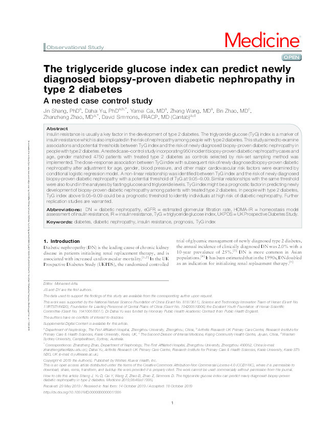 The triglyceride glucose index can predict newly diagnosed biopsy-proven diabetic nephropathy in type 2 diabetes: A nested case control study Thumbnail