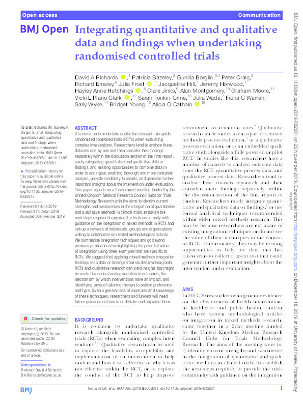 Integrating quantitative and qualitative data and findings when undertaking randomised controlled trials Thumbnail