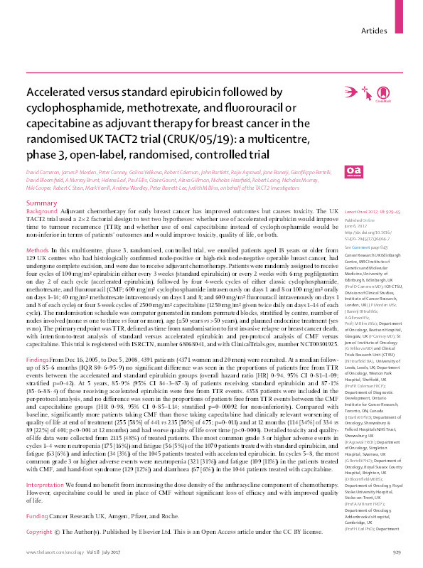 Accelerated versus standard epirubicin followed by cyclophosphamide, methotrexate, and fluorouracil or capecitabine as adjuvant therapy for breast cancer in the randomised UK TACT2 trial (CRUK/05/19): a multicentre, phase 3, open-label, randomised, controlled trial Thumbnail