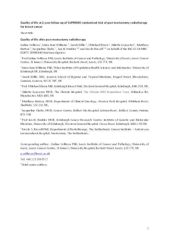 Quality of life after postmastectomy radiotherapy in patients with intermediate-risk breast cancer (SUPREMO): 2-year follow-up results of a randomised controlled trial Thumbnail