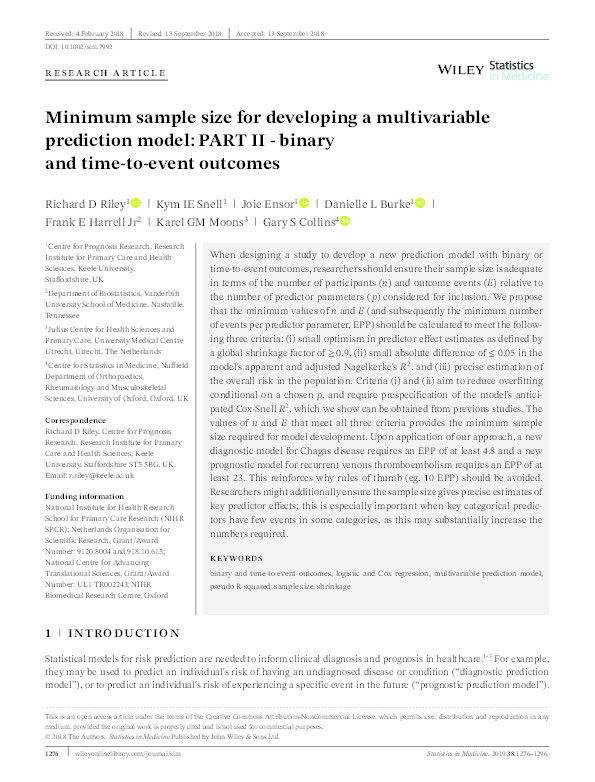 Minimum sample size for developing a multivariable prediction model: Part II-binary and time-to-event outcomes Thumbnail
