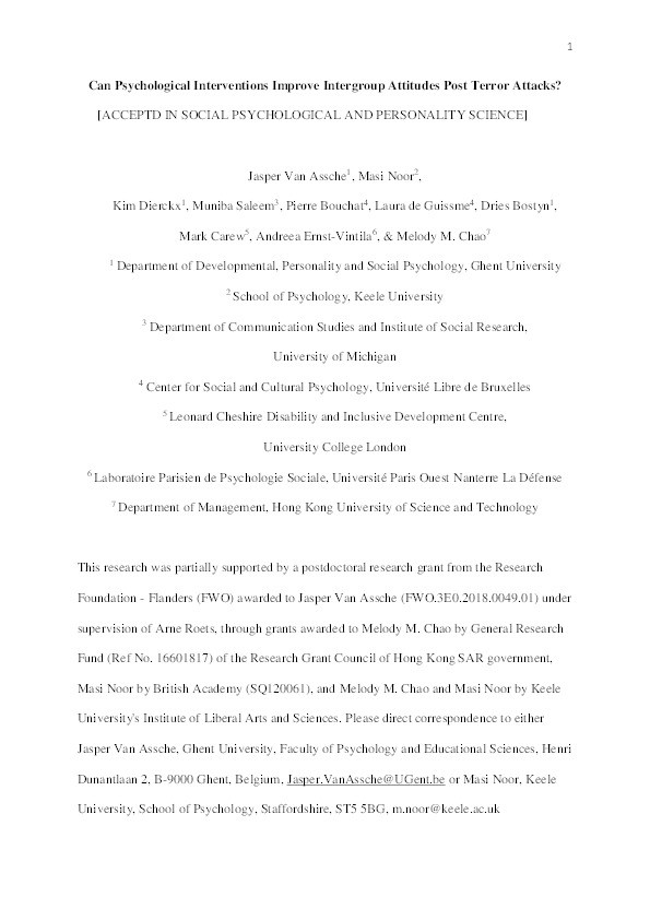 Can Psychological Interventions Improve Intergroup Attitudes Post Terror Attacks? Thumbnail