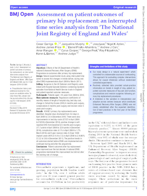 Assessment on patient outcomes of primary hip replacement: an interrupted time series analysis from 'The National Joint Registry of England and Wales'. Thumbnail
