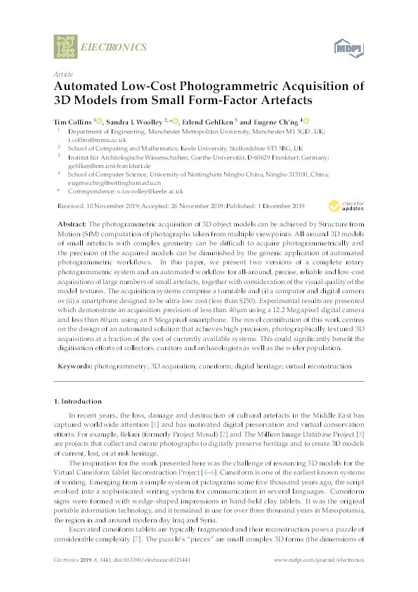 Automated Low-Cost Photogrammetric Acquisition of 3D Models from Small Form-Factor Artefacts Thumbnail