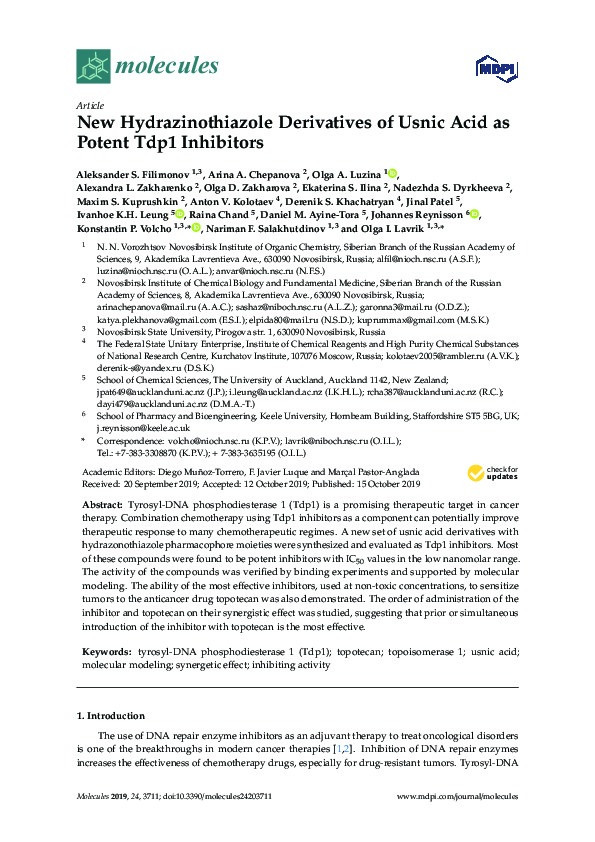 New Hydrazinothiazole Derivatives of Usnic Acid as Potent Tdp1 Inhibitors. Thumbnail