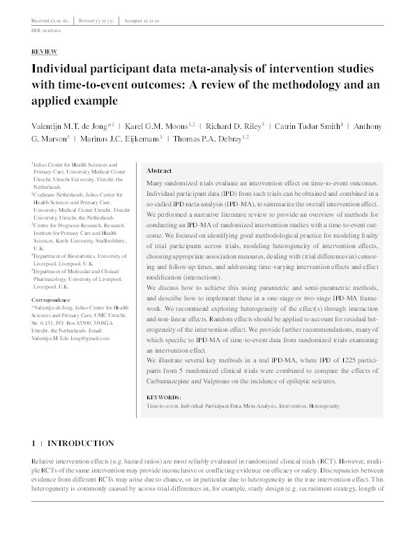 Individual participant data meta-analysis of intervention studies with time-to-event outcomes: A review of the methodology and an applied example. Thumbnail