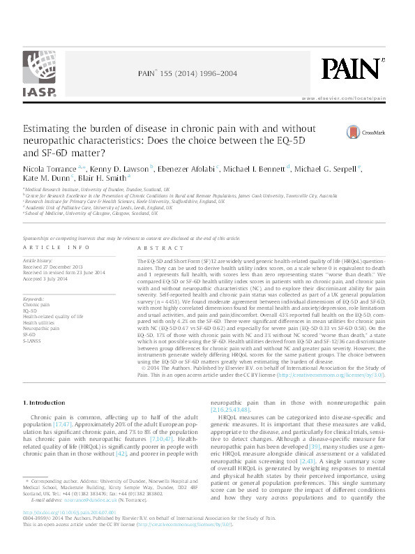 Estimating the burden of disease in chronic pain with and without neuropathic characteristics: does the choice between the EQ-5D and SF-6D matter? Thumbnail