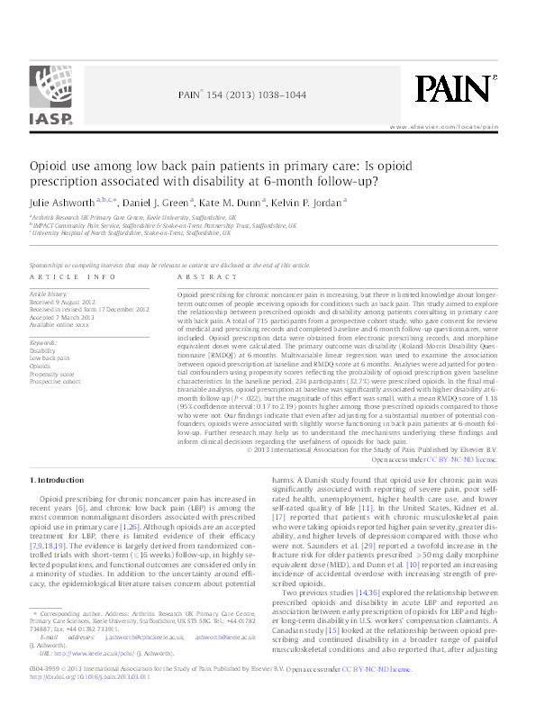 Opioid use among low back pain patients in primary care: Is opioid prescription associated with disability at 6-month follow-up? Thumbnail