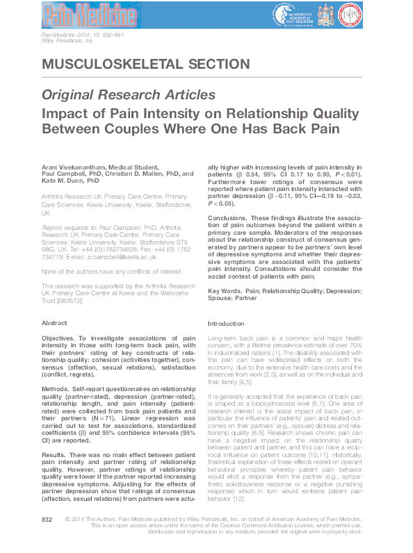 Impact of pain intensity on relationship quality between couples where one has back pain Thumbnail