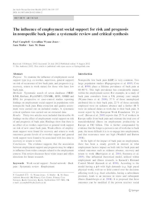 The influence of employment social support for risk and prognosis in nonspecific back pain: a systematic review and critical synthesis Thumbnail