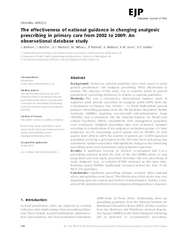 The effectiveness of national guidance in changing analgesic prescribing in primary care from 2002 to 2009: an observational database study Thumbnail