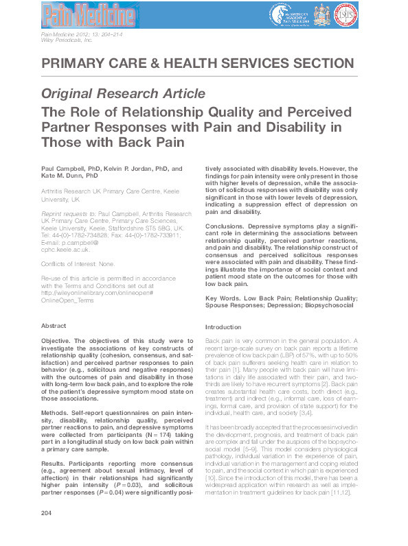 The role of relationship quality and perceived partner responses with pain and disability in those with back pain Thumbnail
