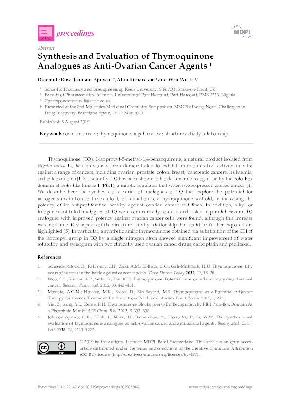 Synthesis and evaluation of thymoquinone analogues as anti-ovarian cancer agents Thumbnail