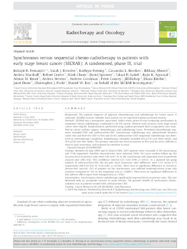 Synchronous versus sequential chemo-radiotherapy in patients with early stage breast cancer (SECRAB): A randomised, phase III, trial Thumbnail