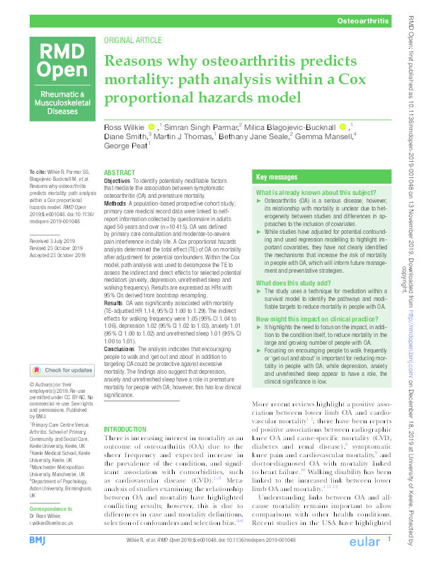 Reasons why osteoarthritis predicts mortality: path analysis within a Cox proportional hazards model Thumbnail