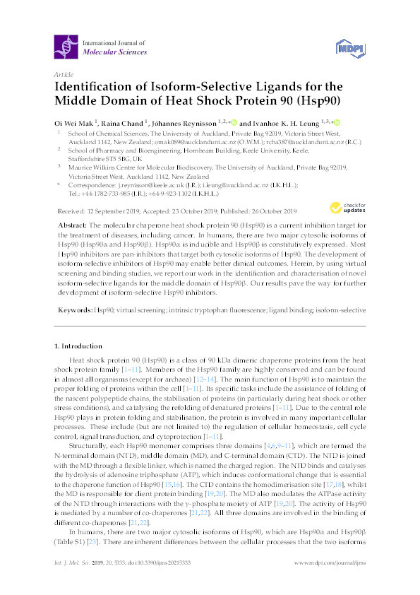 Identification of Isoform-Selective Ligands for the Middle Domain of Heat Shock Protein 90 (Hsp90) Thumbnail