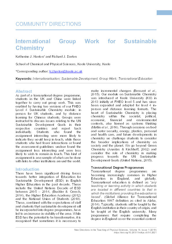 International Group Work for Sustainable Chemistry Thumbnail