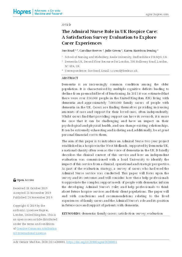 The Admiral Nurse Role in UK Hospice Care: A Satisfaction Survey Evaluation to Explore Carer Experiences Thumbnail