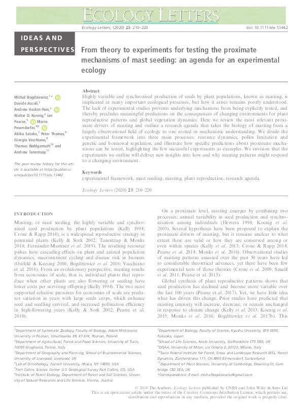 From theory to experiments for testing the proximate mechanisms of mast seeding: an agenda for an experimental ecology. Thumbnail