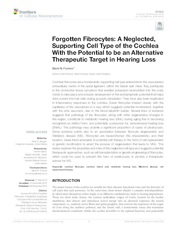 Forgotten Fibrocytes: A Neglected, Supporting Cell Type of the Cochlea With the Potential to be an Alternative Therapeutic Target in Hearing Loss. Thumbnail