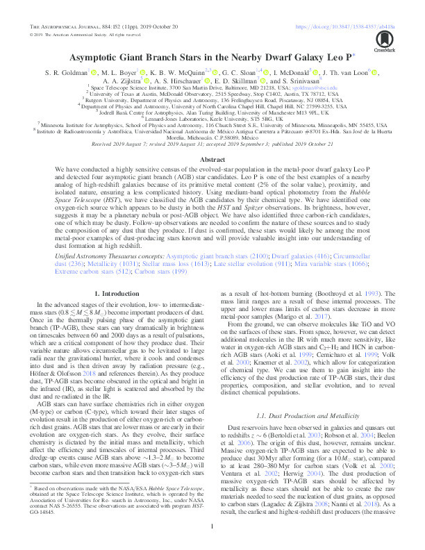 Asymptotic Giant Branch Stars in the Nearby Dwarf Galaxy Leo P Thumbnail