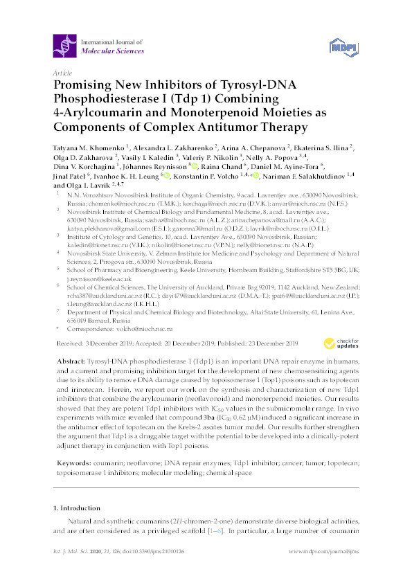 Promising New Inhibitors of Tyrosyl-DNA Phosphodiesterase I (Tdp 1) Combining 4-Arylcoumarin and Monoterpenoid Moieties as Components of Complex Antitumor Therapy Thumbnail