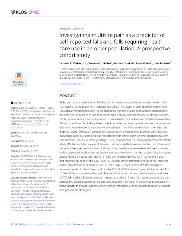 Investigating multisite pain as a predictor of self-reported falls and falls requiring health care use in an older population: A prospective cohort study. Thumbnail