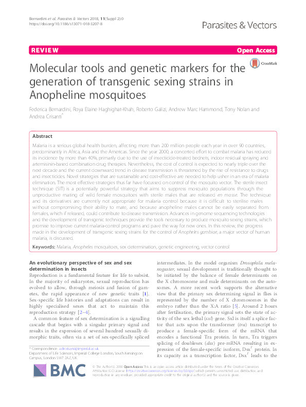 Molecular tools and genetic markers for the generation of transgenic sexing strains in Anopheline mosquitoes. Thumbnail