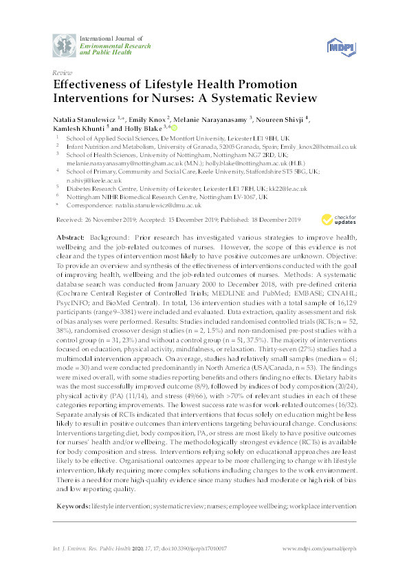 Effectiveness of Lifestyle Health Promotion Interventions for Nurses: A Systematic Review. Thumbnail