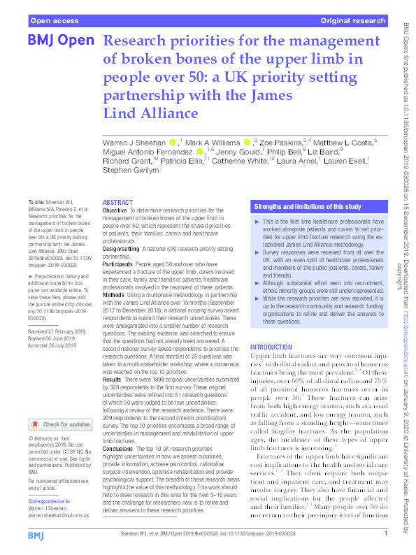 Research priorities for the management of broken bones of the upper limb in people over 50: a UK priority setting partnership with the James Lind Alliance Thumbnail