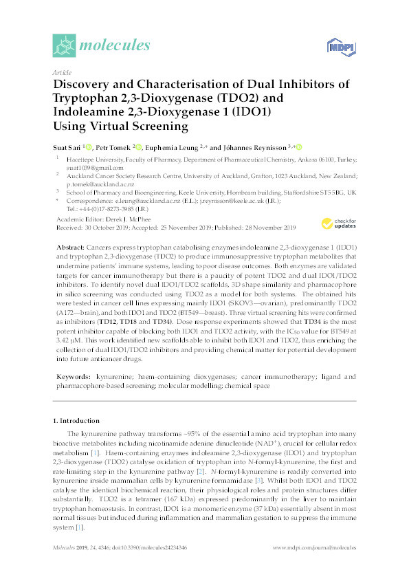 Discovery and Characterisation of Dual Inhibitors of Tryptophan 2,3-Dioxygenase (TDO2) and Indoleamine 2,3-Dioxygenase 1 (IDO1) Using Virtual Screening Thumbnail