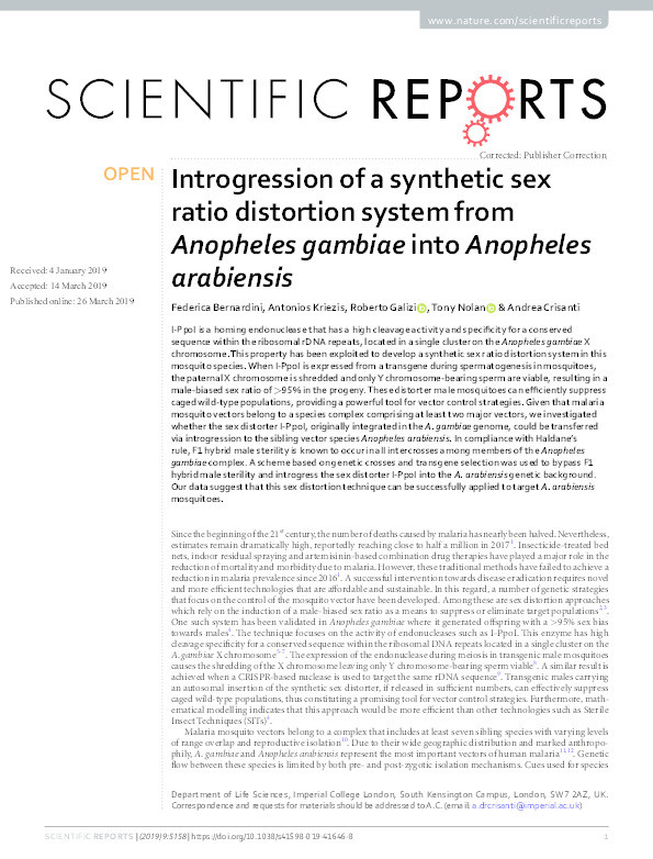 Introgression of a synthetic sex ratio distortion system from Anopheles gambiae into Anopheles arabiensis. Thumbnail