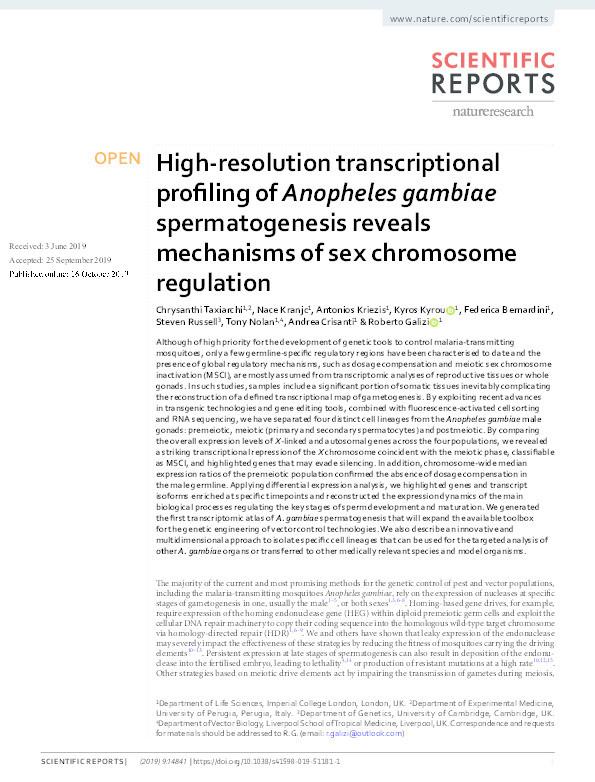 High-resolution transcriptional profiling of Anopheles gambiae spermatogenesis reveals mechanisms of sex chromosome regulation Thumbnail