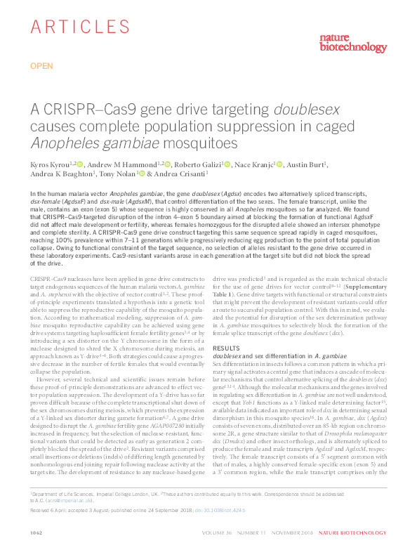 A CRISPR–Cas9 gene drive targeting doublesex causes complete population suppression in caged Anopheles gambiae mosquitoes Thumbnail