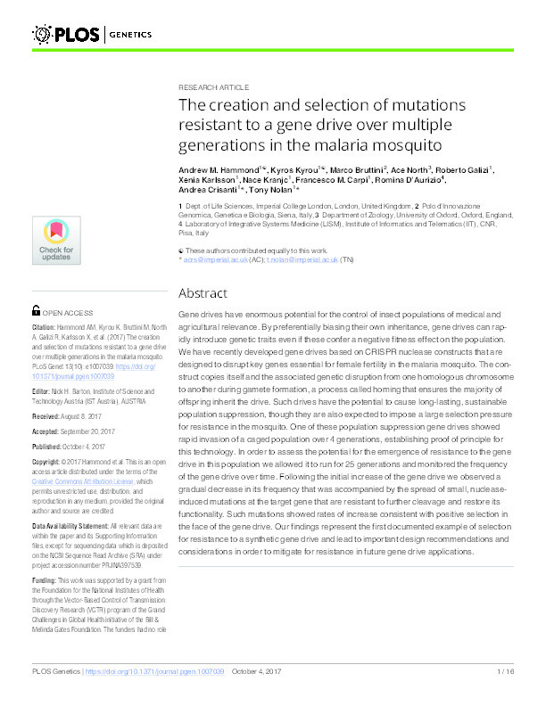 The creation and selection of mutations resistant to a gene drive over multiple generations in the malaria mosquito Thumbnail