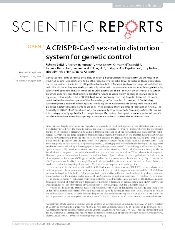 A CRISPR-Cas9 sex-ratio distortion system for genetic control Thumbnail