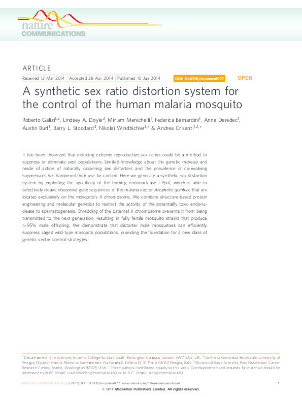 A synthetic sex ratio distortion system for the control of the human malaria mosquito. Thumbnail