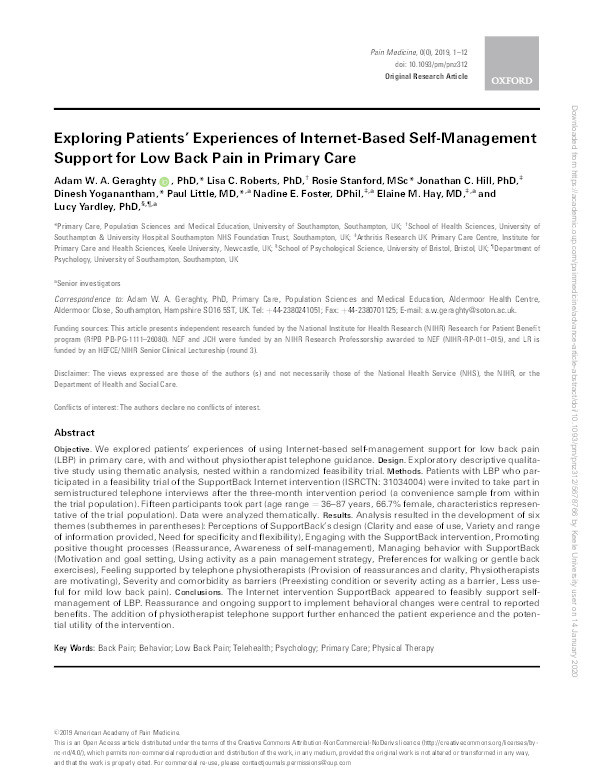 Exploring Patients' Experiences of Internet-Based Self-Management Support for Low Back Pain in Primary Care. Thumbnail