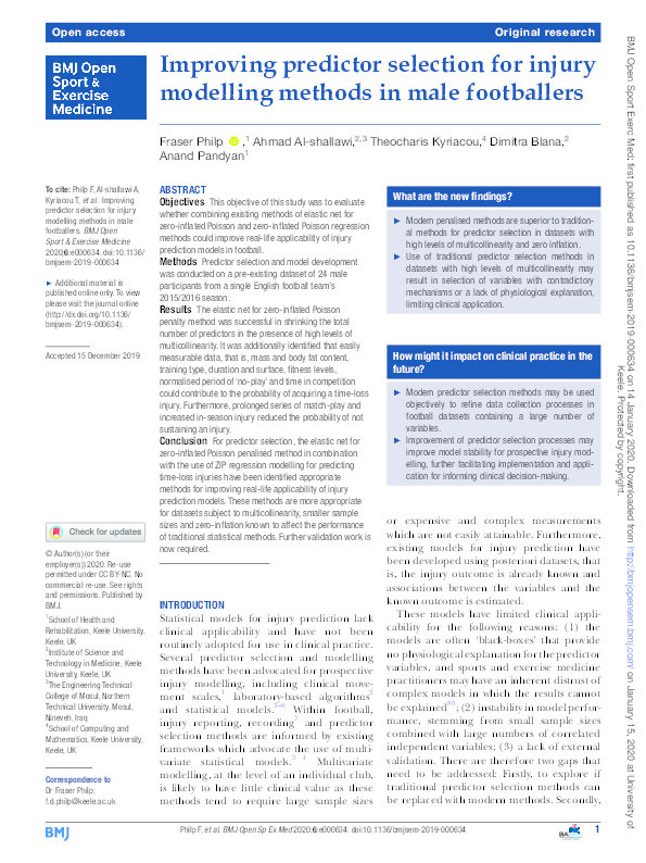 Improving predictor selection for injury modelling methods in male footballers Thumbnail