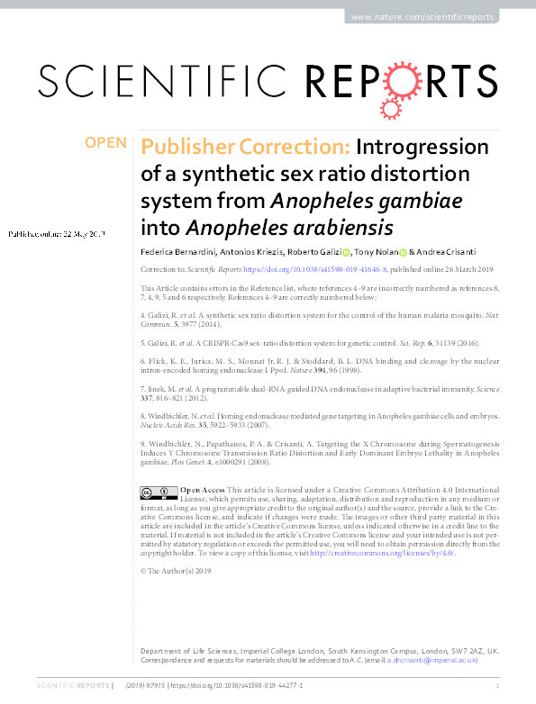 Publisher Correction: Introgression of a synthetic sex ratio distortion system from Anopheles gambiae into Anopheles arabiensis. Thumbnail