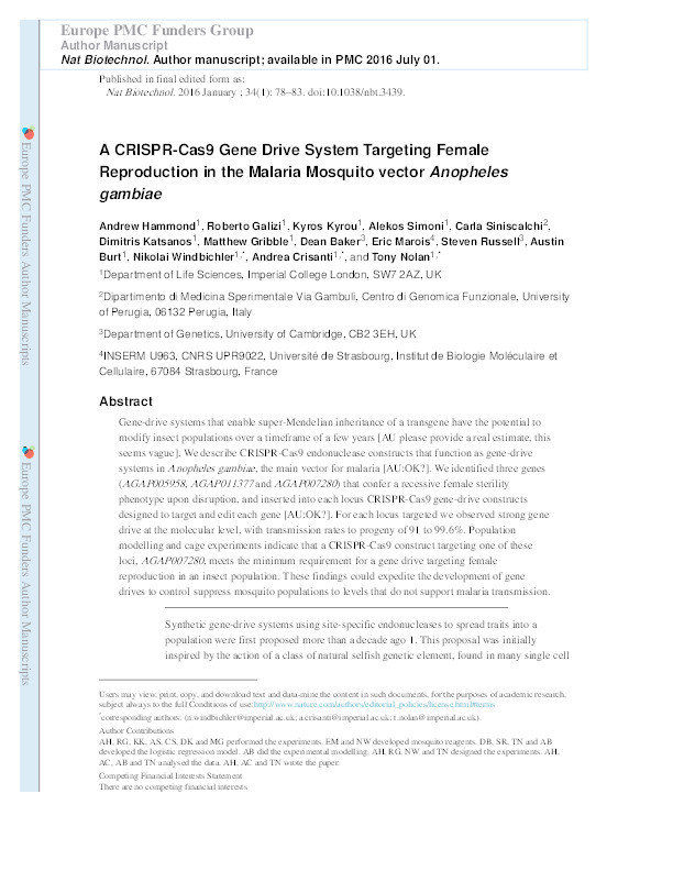 A CRISPR-Cas9 gene drive system targeting female reproduction in the malaria mosquito vector Anopheles gambiae Thumbnail