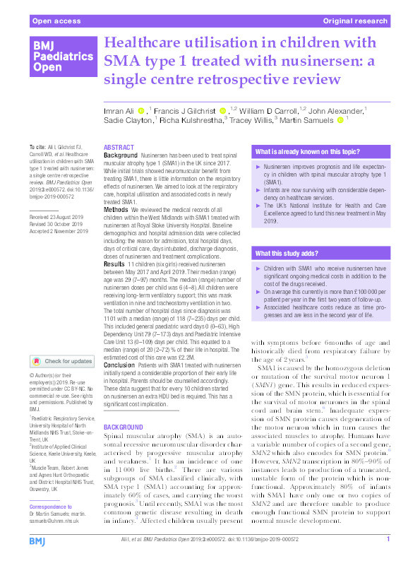 Healthcare utilisation in children with SMA type 1 treated with nusinersen: a single centre retrospective review. Thumbnail