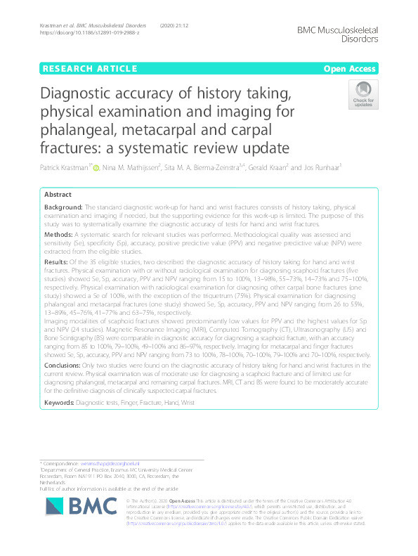 Diagnostic accuracy of history taking, physical examination and imaging for phalangeal, metacarpal and carpal fractures: a systematic review update. Thumbnail