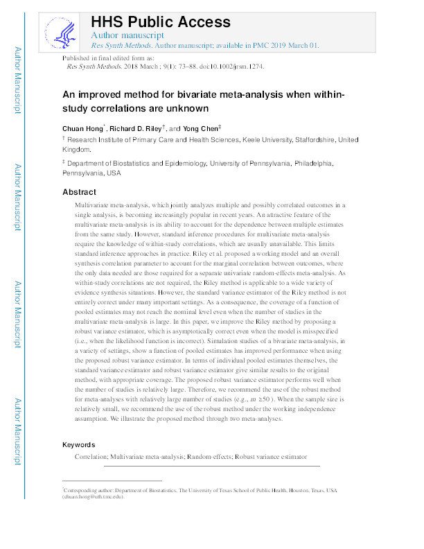 An improved method for bivariate meta-analysis when within-study correlations are unknown. Thumbnail