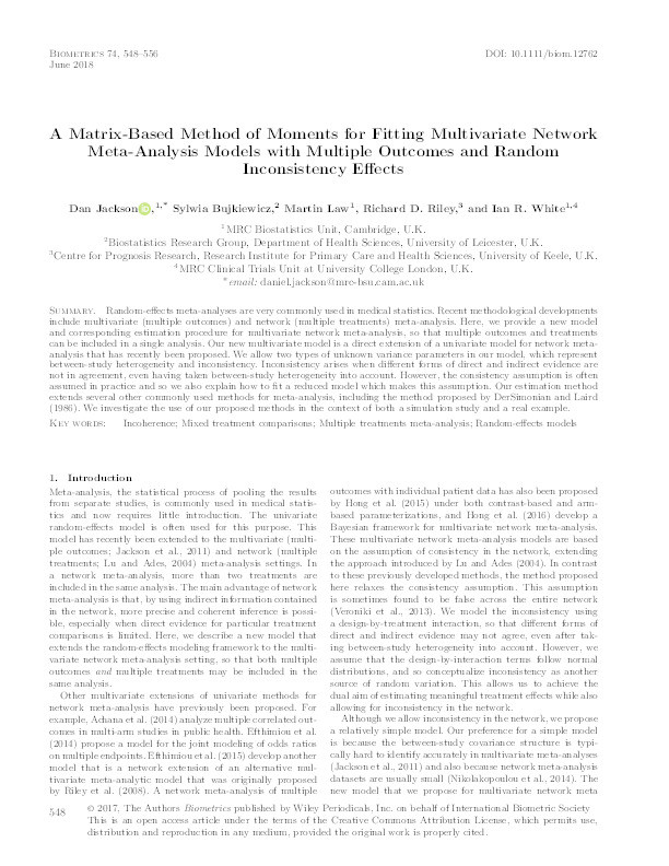 A matrix-based method of moments for fitting multivariate network meta-analysis models with multiple outcomes and random inconsistency effects. Thumbnail