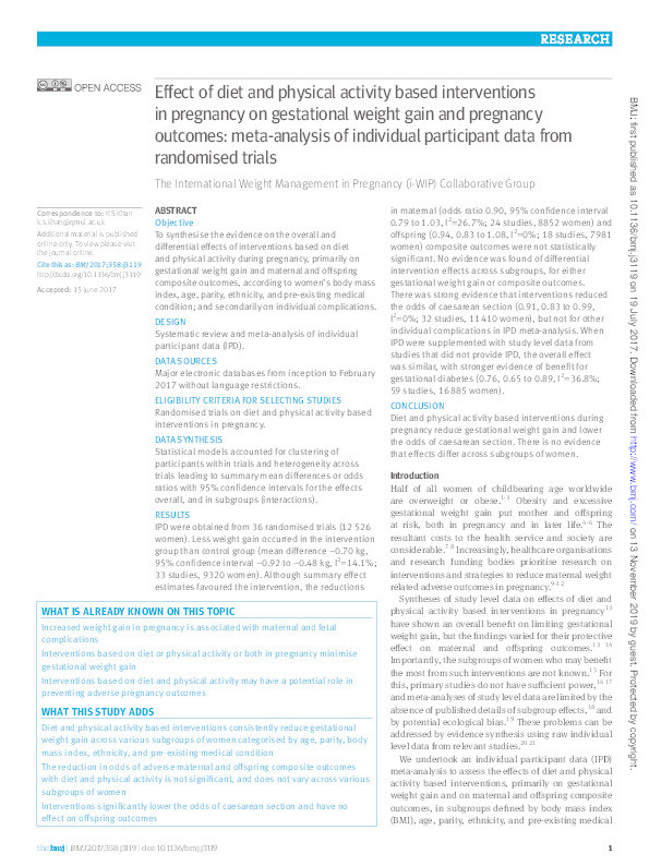 Effect of diet and physical activity based interventions in pregnancy on gestational weight gain and pregnancy outcomes: meta-analysis of individual participant data from randomised trials Thumbnail
