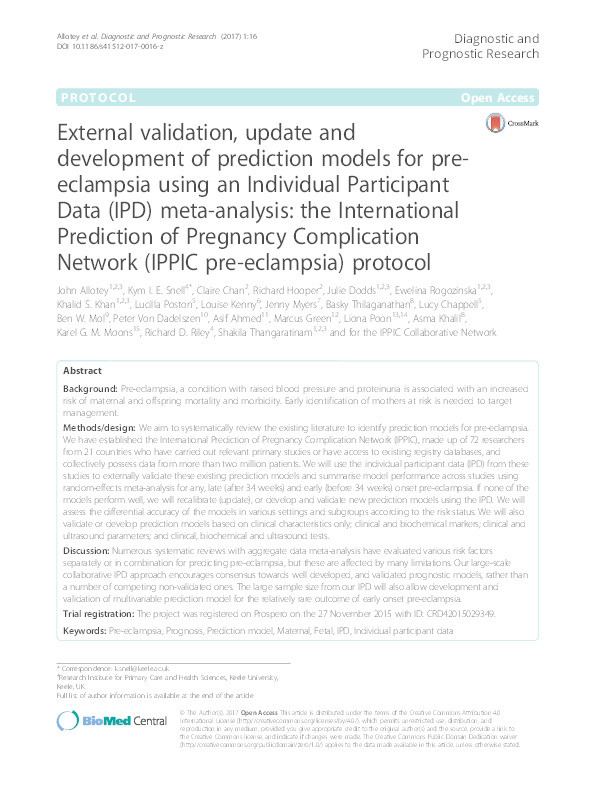 External validation, update and development of prediction models for pre-eclampsia using an Individual Participant Data (IPD) meta-analysis: the International Prediction of Pregnancy Complication Network (IPPIC pre-eclampsia) protocol. Thumbnail